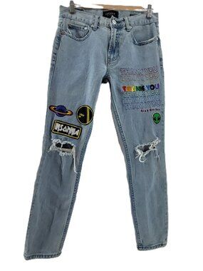 PacSun Jeans Mens 30x30 Blue Light Wash Distressed & Patches Stretch Insomnia